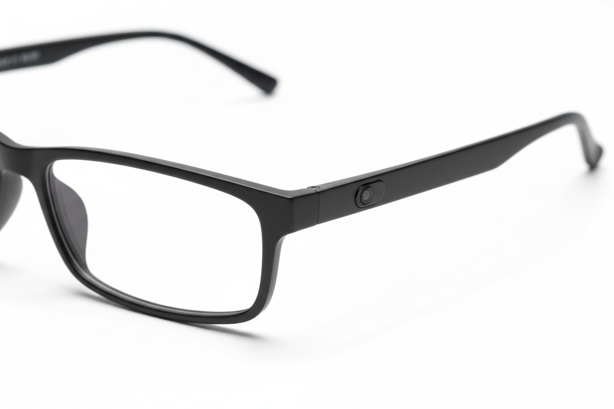 Show me a picture of glasses with a Bluetooth camera, a thin frame, and a smaller, hidden camera. The glasses are black with a black background white
